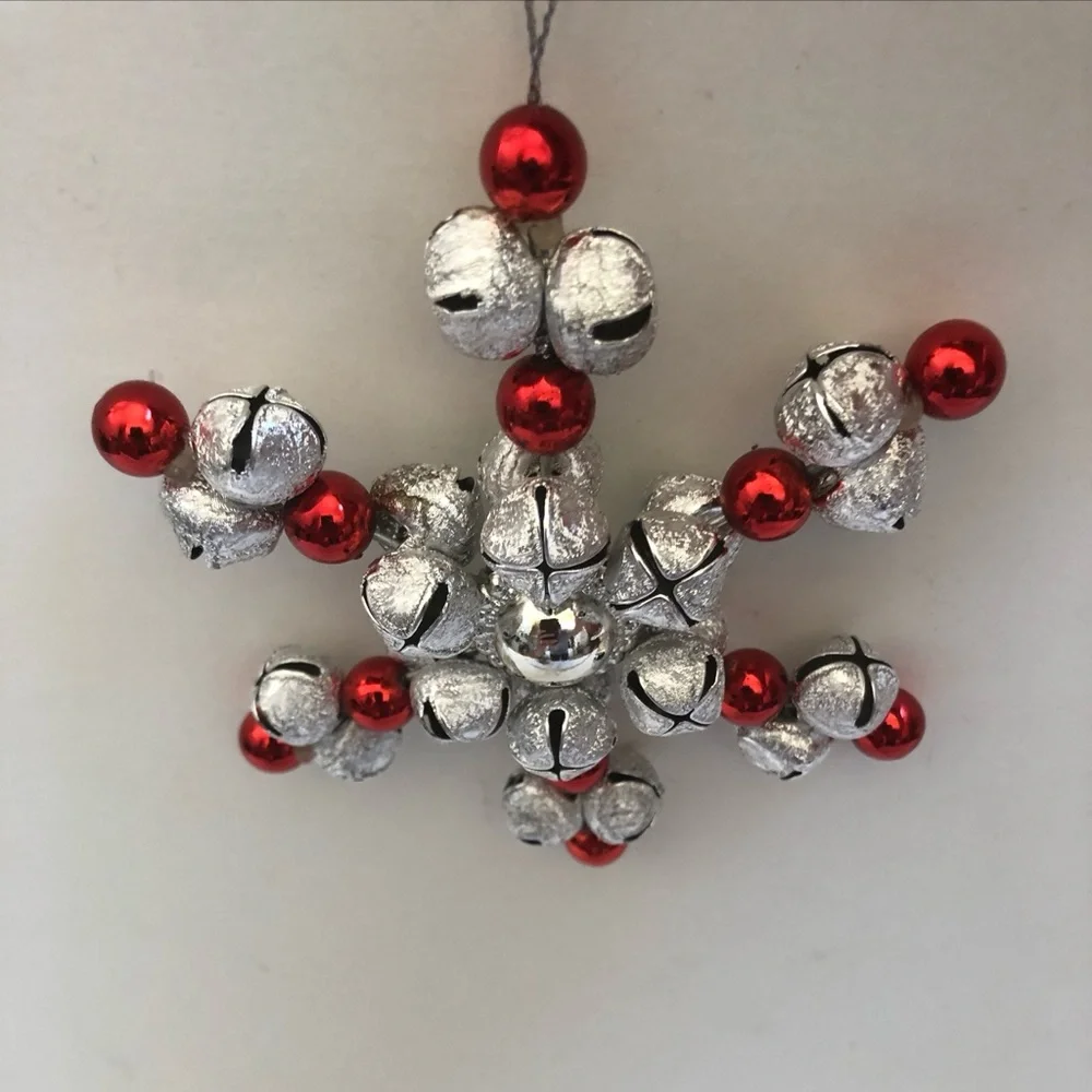 Jingle Bells Snowflake Vintage Christmas Ornament Star Silver Red Rings Hanging